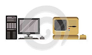 Set of Retro Personal Computers, Pc Monitor System with Keyboard and Mouse Flat Vector Illustration