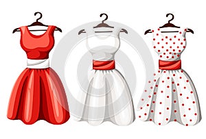 Set of retro pinup cute woman dresses. Short and long elegant black, red and white color polka dot design lady dress collection. V photo