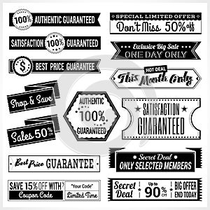 Set of retro promotion discount sale and guarantee tag banner label badge sticker ribbon in black and white