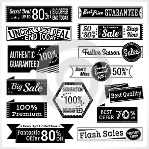 Set of retro promotion discount sale and guarantee tag banner label badge sticker ribbon in black and white