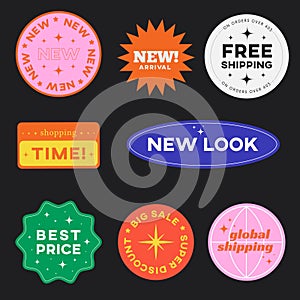 Set of Retro Shopping stickers. Cute Sale label badges. Trendy Free Shipping, New Look, Big Sale, Best Price Banners