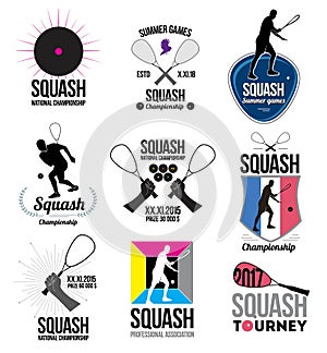 Set of retro squash logos, emblems and design elements.