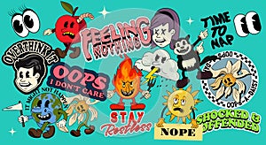 Set Of Retro Stickers With Cartoon Characters And Indifferent Quotes