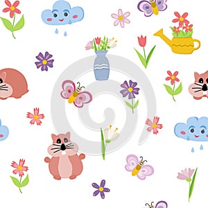 Set of retro style flowers, butterflies, hamster and hearts in bright, pretty Spring colors. Cute spring garden and nature