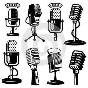 Set of retro style microphone icons isolated on white background. Design element for logo, label, emblem, sign, poster.