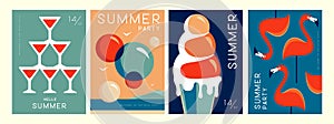 Set of retro summer posters with summer attributes. Cocktail cosmopolitan silhouette, flamingo, ice cream and soap bubbles.