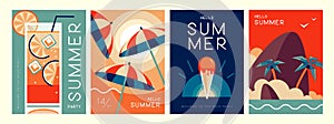 Set of retro summer posters with summer attributes. Cocktail silhouette, tequila sunrise, beach umbrella, ice cream