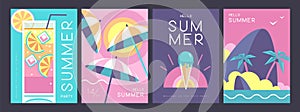 Set of retro summer posters with summer attributes. Cocktail silhouette, tequila sunrise, beach umbrella, ice cream