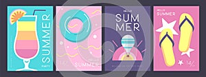 Set of retro summer posters with summer attributes. Cocktail silhouette, tequila sunrise, hot air balloon, swim ring