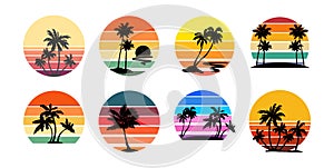 Set of retro sunsets in the style of the 80s and 90s.