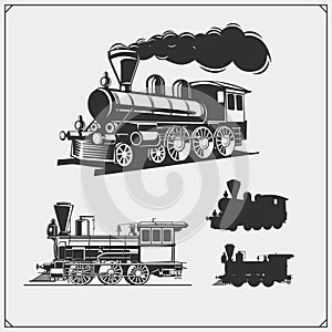 Set of retro trains emblems, labels, badges and design elements. Print design for t-shirts.