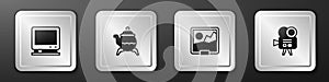 Set Retro tv, Classic teapot, Picture and cinema camera icon. Silver square button. Vector