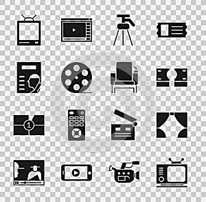 Set Retro tv, Curtain, Stacks paper money cash, Tripod, Film reel, Cinema poster, and chair icon. Vector