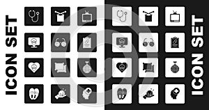 Set Retro tv, Eyeglasses, Nursing home, Stethoscope, Medical prescription, Knitting, Disco ball and Grandmother icon