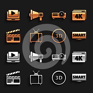 Set Retro tv, Online play video with 4k, Screen Smart, 3D word, Movie clapper, Movie, film, media projector, and