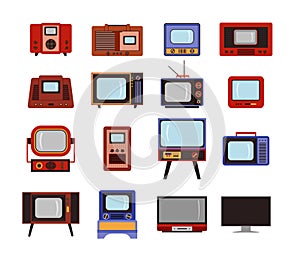 Set of retro TVs and radios, vector flat illustration on a white background.