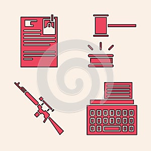 Set Retro typewriter, Lawsuit paper, Judge gavel and Sniper rifle with scope icon. Vector