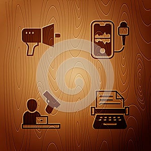 Set Retro typewriter, Megaphone, Crime news and Mobile recording on wooden background. Vector