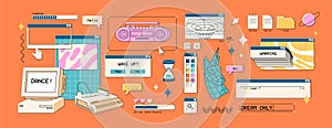 Set of retro UI, vaporwave items of computer interface. Digital elements of software in kitsch style. y2k design of
