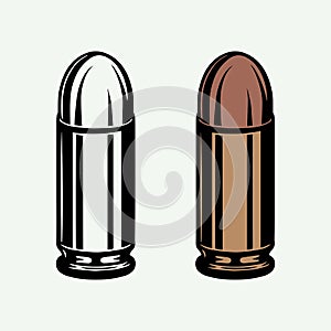 Set of retro vintage bullets in monochrome and color mode. 9mm ammo for pistol gun. Line woodcut style.