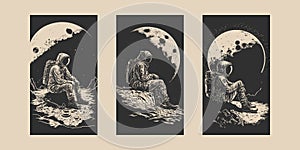 Set of Retro Vintage Engraving Woodcut Linocut style space astonaut sittin on a moon surface. Lonely adventure explore future vibe