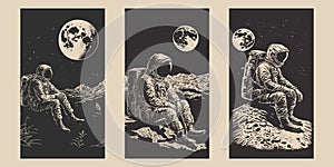 Set of Retro Vintage Engraving Woodcut Linocut style space astonaut sittin on a moon surface. Lonely adventure explore future vibe