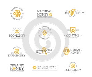 Set of retro vintage honey and bee logo or insignia, emblems, labels and badges and other branding objects. line style