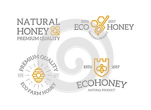 Set of retro vintage honey and shield with a bee, honeycomb, hive logo or insignia, emblems, labels and badges and other