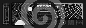 Set of retrofuturistic design elements, perspective grids, tunnel, RETRO title, polar grid, blackhole, bipyramide photo