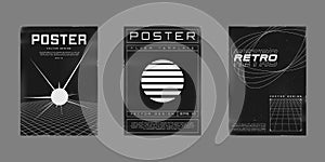Set of retrofuturistic design posters. Cyberpunk 80s style posters with perspective grid with explod star, retrowave sun