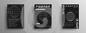 Set of retrofuturistic posters with HUD elements, broken laser grid, wireframe planet, and planet inside eye shape