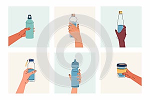 Set of reusable containers for liquids in hands. Various poses of hands holding a bottle