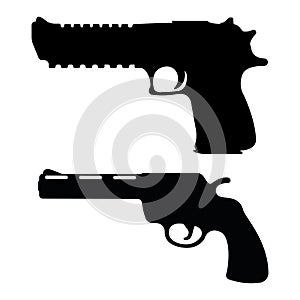 Set of revolver and desert eagle pistol icon, self defense weapon, concept simple black vector illustration, isolated on white.