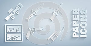 Set Revolver gun, Tommy, Hunting shop weapon, Bayonet rifle, Military knife and Sniper optical sight icon. Vector