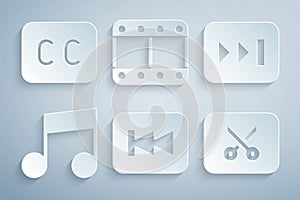 Set Rewind button, Fast forward, Music note, tone, video editing, Play and Subtitles icon. Vector