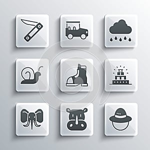 Set Rhinoceros, Camping hat, Chichen Itza Mayan, Hunter boots, Elephant, Snail, Swiss army knife and Cloud with rain