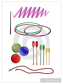 Set of Rhythmic Gymnastic Equipments on White Background