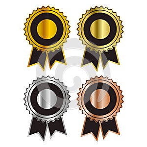 Set of ribbon badge vector templates with gold, brass, silver and bronze gradients