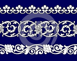 Set of ribbon seamless floral patterns on blue in ethnic national style of Uzbekistan, Asia, vector illustration.