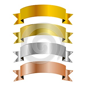 Set of ribbon vector templates with gold, brass, silver and bronze gradients