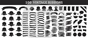 Set of 100 Ribbons. Ribbon elements. Starburst label. Vintage. Modern simple ribbons collection. Vector illustration