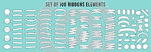 Set of 100 Ribbons. Ribbon elements. Starburst label. Vintage. Modern simple ribbons collection. Vector illustration