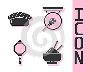 Set Rice in a bowl with chopstick, Sushi, Chinese paper lantern and Gong icon. Vector