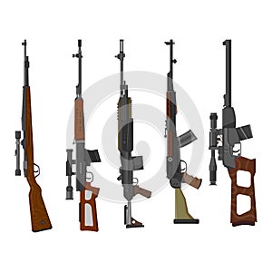 Set of rifle guns, military and hunting weapon