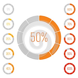 Set of ring pie charts with percentage value. Performance analysis in percent. Modern vector grey-orange infographic