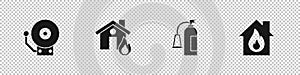 Set Ringing alarm bell, Fire burning house, extinguisher and icon. Vector