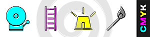 Set Ringing alarm bell, Fire escape, Flasher siren and Burning match with fire icon. Vector