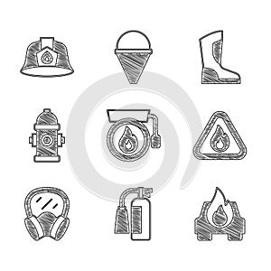 Set Ringing alarm bell, Fire extinguisher, Burning car, flame triangle, Gas mask, hydrant, boots and Firefighter helmet