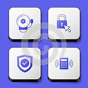 Set Ringing alarm bell, Lock, Shield with check mark and Security keypad access panel icon. White square button. Vector