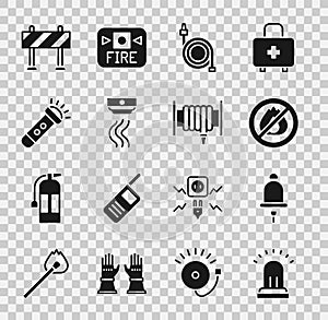 Set Ringing alarm bell, No fire, Fire hose reel, Smoke system, Flashlight, Road barrier and icon. Vector